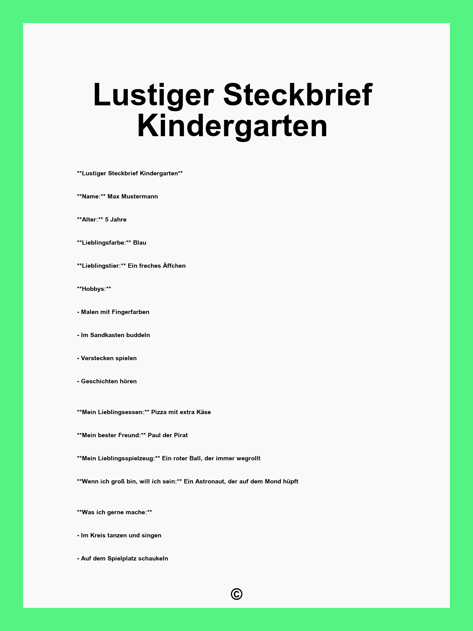 Lustiger Steckbrief Kindergarten