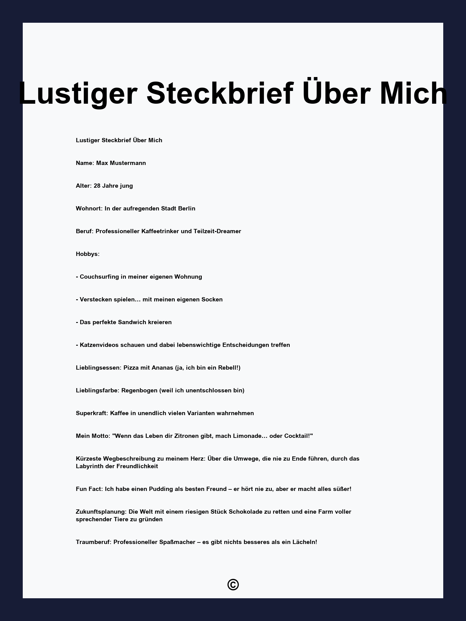 Lustiger Steckbrief Über Mich